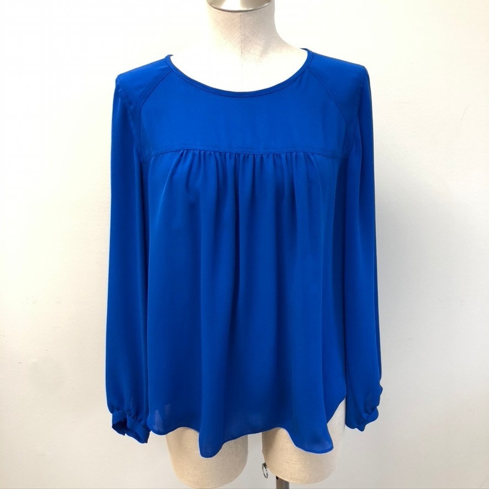 Rebecca Taylor‎ Blouse Womens 6 Blue Pleated Long Sleeve Round Neck Solid Top